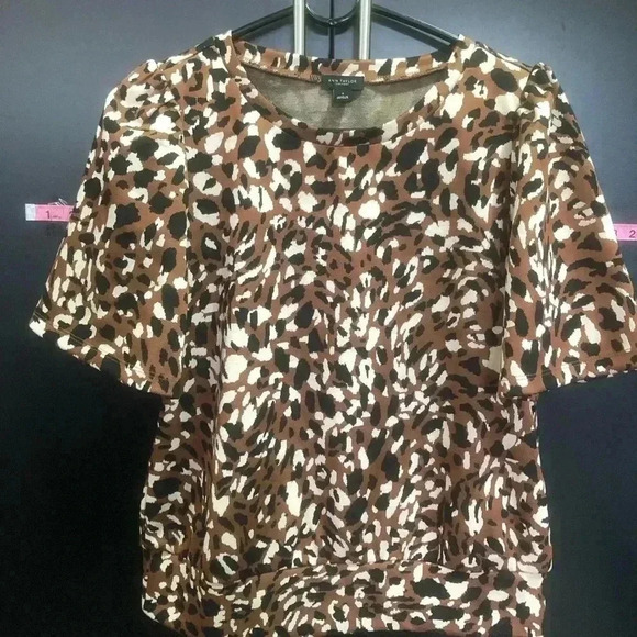 Ann Taylor Animal Print Short Puff Sleeve, round neck, banded waist,top - Picture 1 of 8